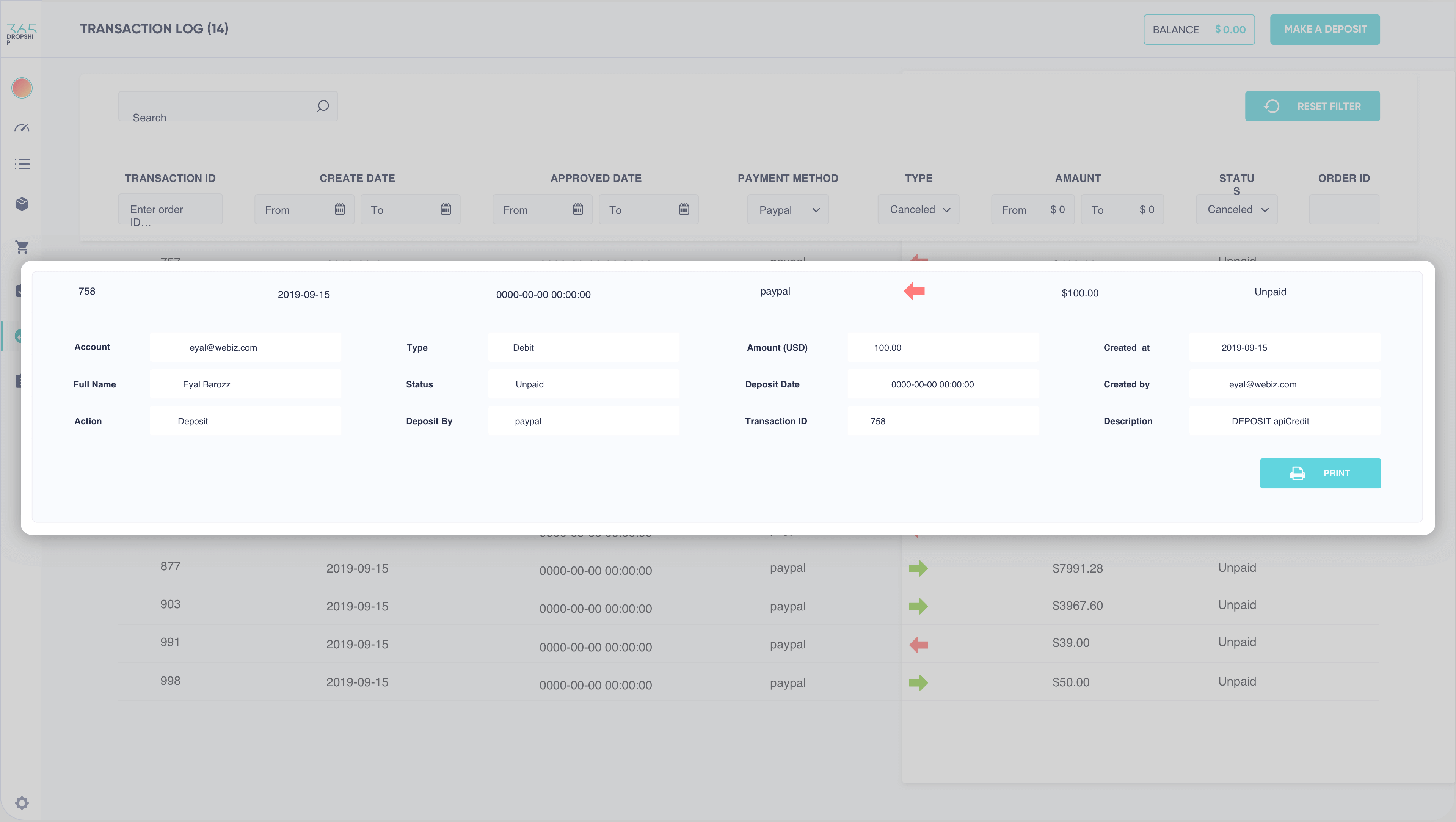 365Dropship platform transaction 