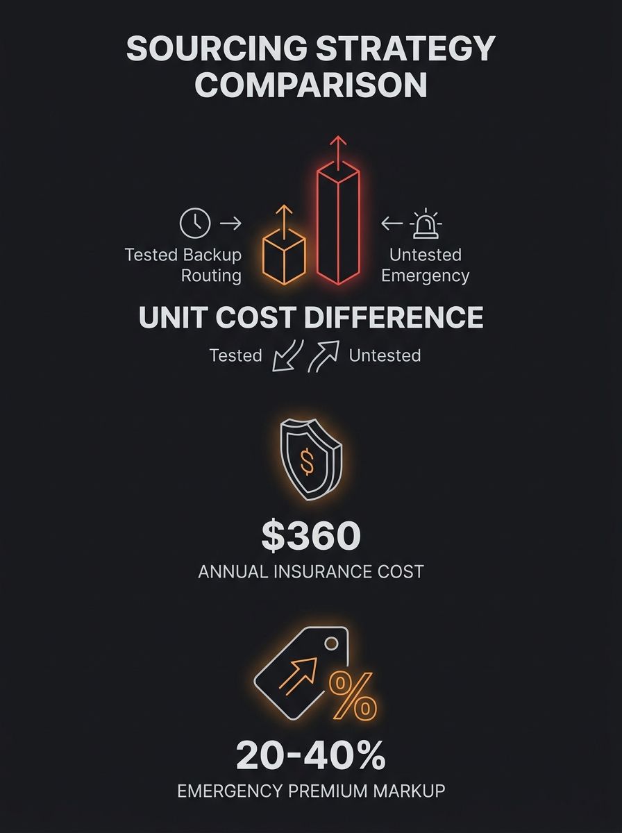 infographic comparing untested emergency sourcing costs versus monthly tested backup routing, with three columns showing unit cost difference, annual insurance cost of $360, and emergency premium mark