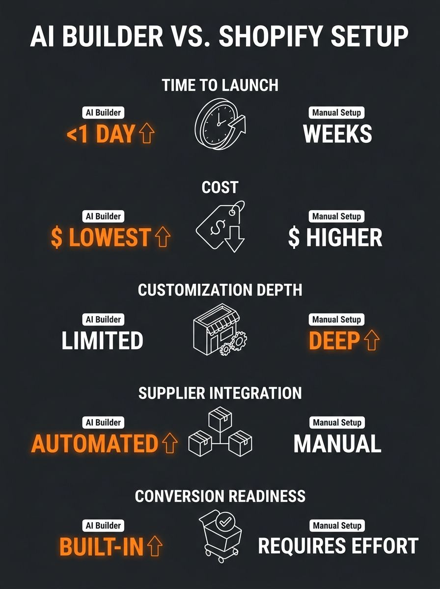 infographic comparing AI store builder vs manual Shopify setup across five dimensions: time to launch, cost, customization depth, supplier integration, and conversion readiness, with specific numbers