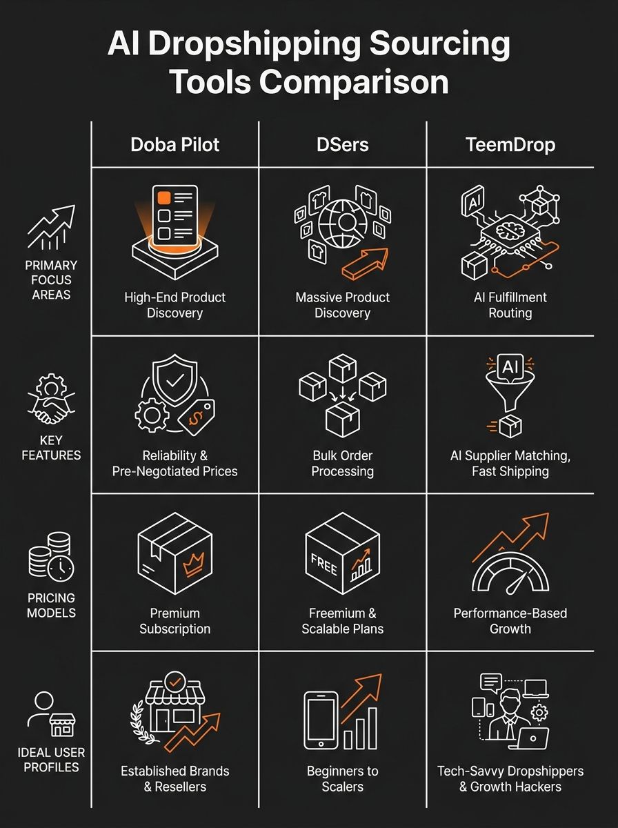 Infographic comparing three AI dropshipping sourcing tools—Doba Pilot, DSers, and TeemDrop—showing their primary focus areas (product discovery, reliability scoring, fulfillment routing), key features