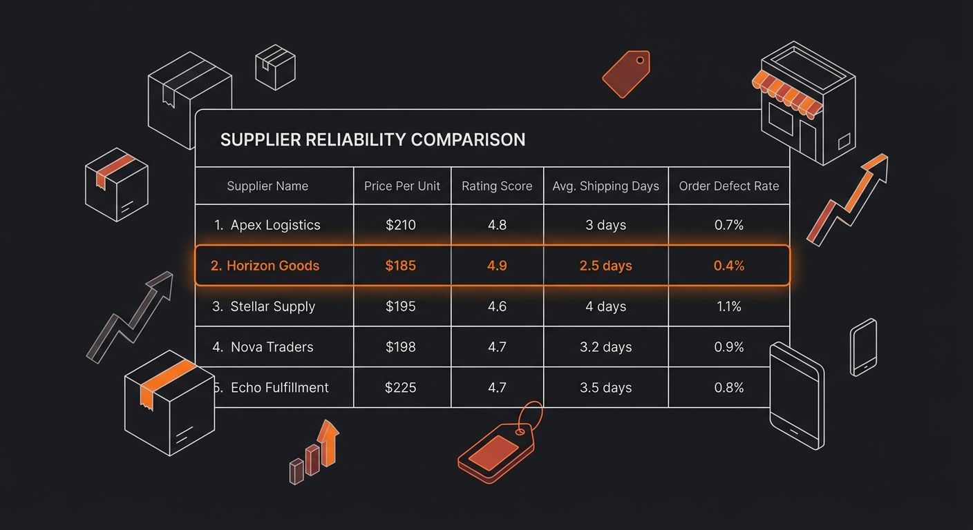 Dashboard mockup showing a supplier reliability comparison table with columns for supplier name, price per unit, rating score, average shipping days, and order defect rate, with the lowest-cost high-r