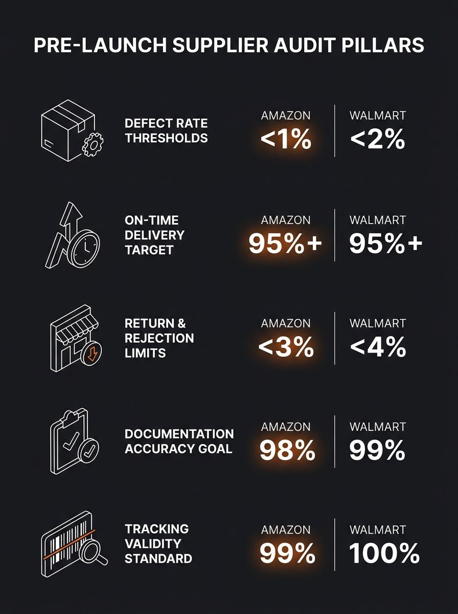 Infographic showing five pillars of a pre-launch supplier audit: defect rate, on-time delivery rate, return/rejection rate, documentation accuracy, and tracking validity, with Amazon and Walmart thres