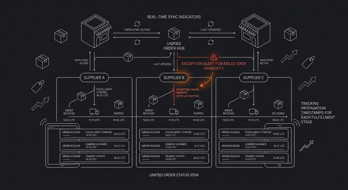 Dashboard mockup showing a unified order status view across three suppliers, with real-time sync indicators, exception alerts for failed data handoffs, and tracking propagation timestamps for each ful