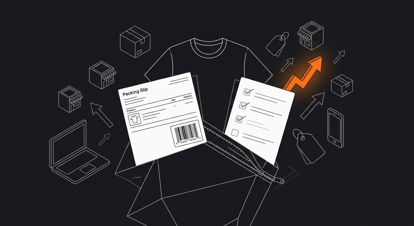 A flat-lay photo-style illustration of a dropshipping test order unboxing, showing the product, packing slip, barcode label, poly mailer, and a checklist card with items being marked off
